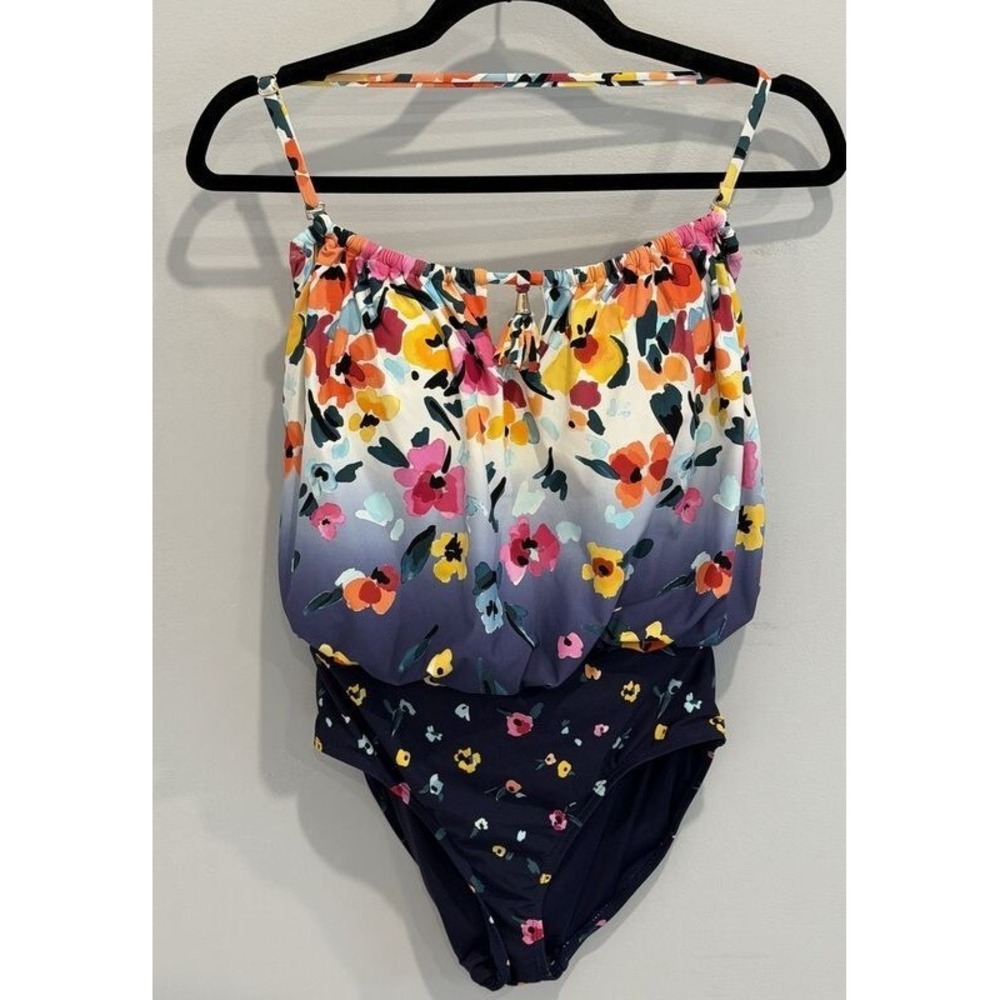 Anne Cole‎ One Piece Swimsuit Navy Blue Floral Print Blouson Halter Adjustable 8